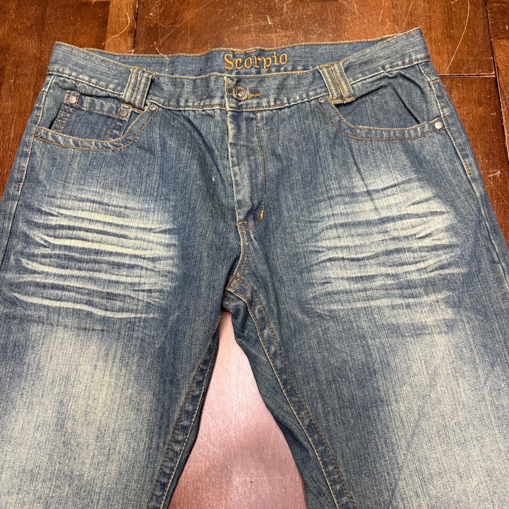 Vtg Scorpio Jeans Men 38/33 Blue Distressed Whiskered Embroidered RWH004